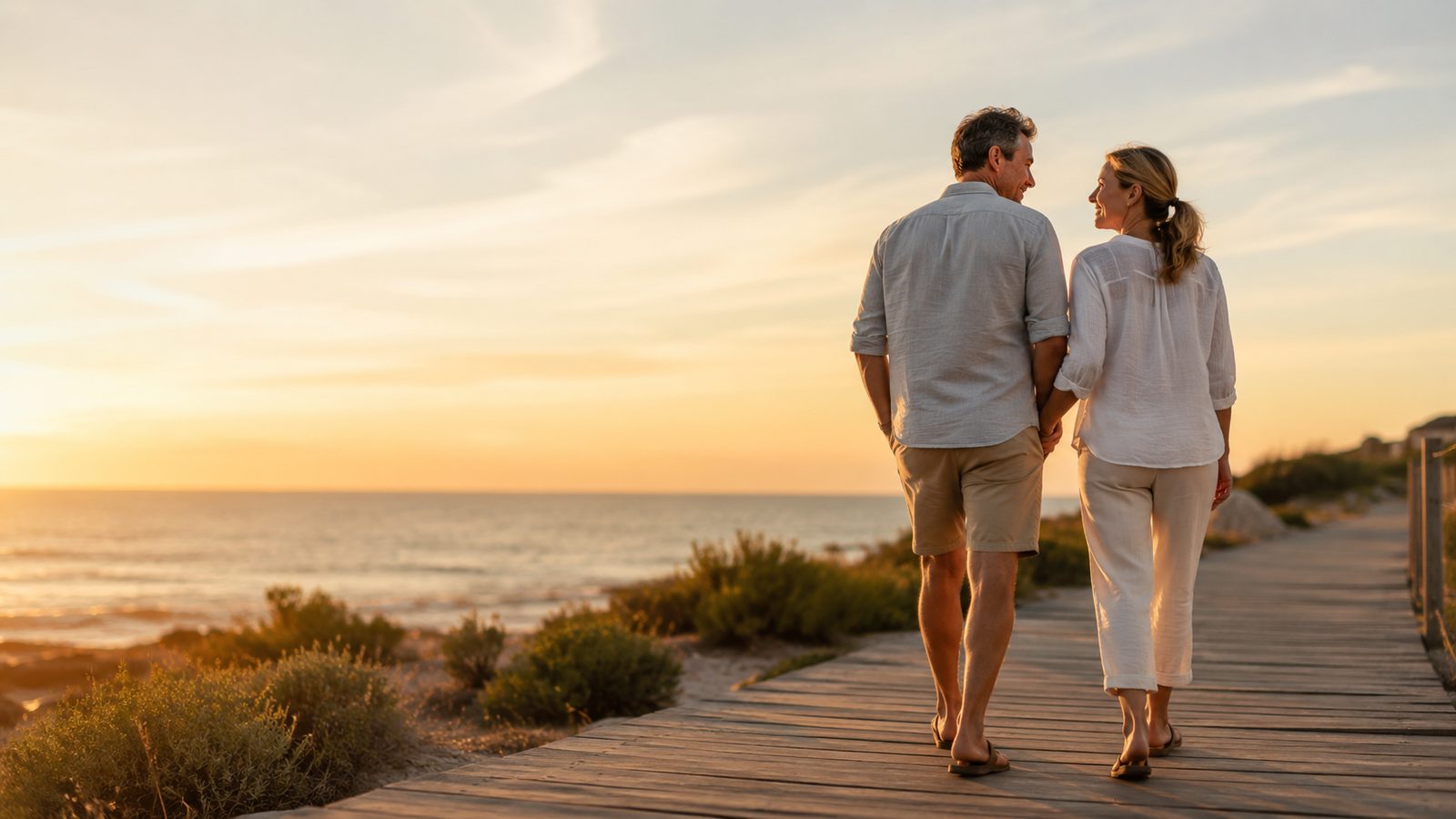 Adult couple enjoying a relaxed walk by the beach